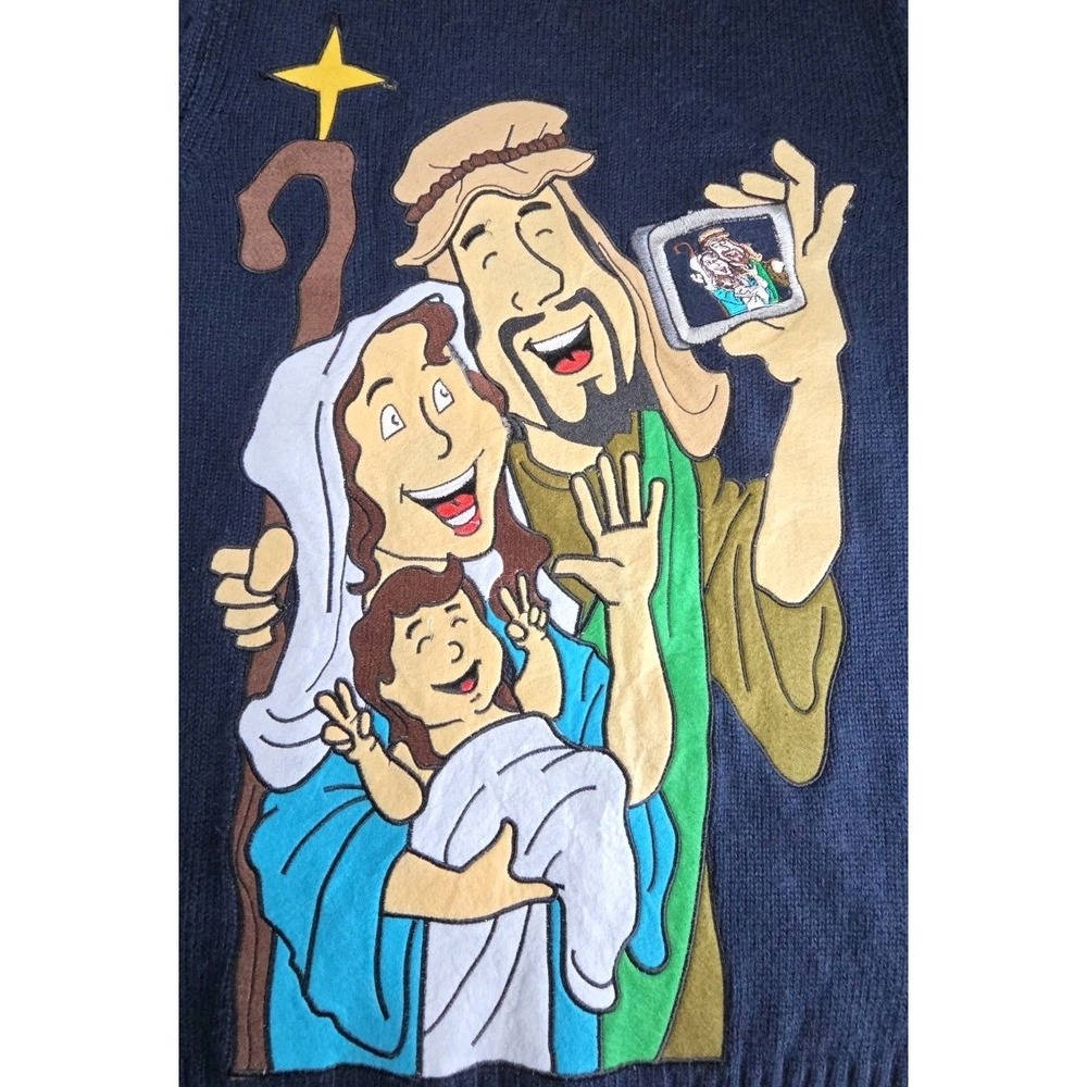 Funky Ugly Christmas Sweater Jesus Mary and Joseph Selfie Size Medium Knitted